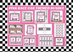 the pink race car themed printables are displayed on a black and white checkered background