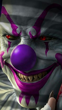 a creepy clown with red eyes holding a tennis racquet in his right hand