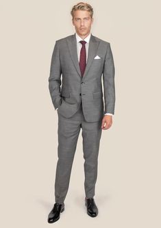 Bryant Granite Grey Birdseye Suit - SARTORO Elegant Custom Fit Wool Suit, Elegant Wool Suits With Custom Fit, Elegant Fitted Suit With Pressed Crease, Elegant Fitted Suits With Pressed Crease, Elegant Tailored Suits With Pressed Crease, Modern Tailored Suit In Suiting Fabric, Elegant Fitted Suits With Welt Pockets, Timeless Tailored Wedding Suit, Classic Business Sets Custom Fit