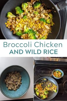 broccoli, chicken and wild rice in a skillet on the stove top