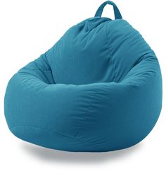 a blue bean bag chair sitting on top of a white floor