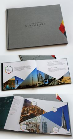 an opened brochure is shown on top of the book, and below it are pictures of skyscrapers