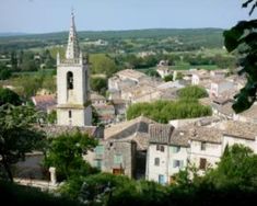 an aerial view of a small village with a church steeple in the center and trees surrounding it