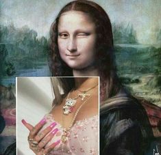 an image of a woman with long hair and pink nail polish on her nails, in front of a painting