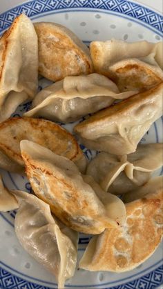 some dumplings on a blue and white plate