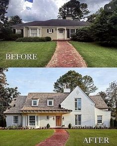 before and after photos of a white house with brick walkway leading to the front door