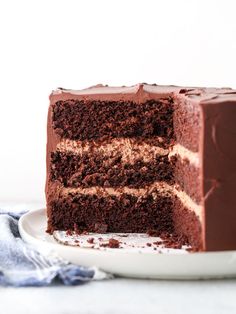 a slice of chocolate cake on a white plate