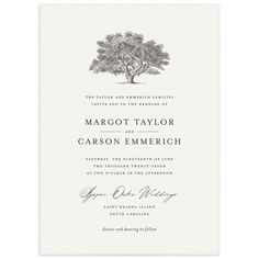 a wedding card with an image of a tree on the front and bottom, in black ink