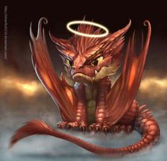 a red dragon with an angel halo on its head sitting in the water and staring at something