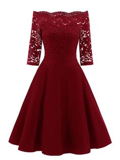 1950s Lace Off Shoulder Dress Short Burgundy Bridesmaid Dresses, Ball Party, Vintage Black Dress, Burgundy Bridesmaid Dresses, Vestidos Vintage, Prom Dresses With Sleeves, Dresses Lace, Vintage Style Dresses, Cocktail Party Dress