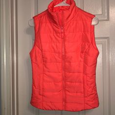 New Aeropostale Puffy Vest Pockets On The Sides Color Irange Size Xs Casual Winter Stretch Puffer Jacket, Casual Fitted Puffer Jacket, Fitted Sporty Puffer Jacket For Spring, Army Vest, Sleeveless Vest Jacket, Womens Denim Vest, Brown Puffer, Sleeveless Puffer, Puff Vest