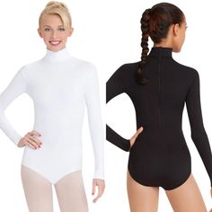 Brand Capezio Style TB 123 This leo features a modest turtleneck and zippered back. Made of a nylon and spandex blend that is soft and resilient. Long sleeves will keep your favorite dancer warm on cold studio days. Product Features: Turtleneck long sleeve leotard Discreet snap closures 90% Nylon, 10% Spandex Not lined Full coverage turtleneck front and zippered back Ballet leg line Solid Unitard With Thumbholes For Dancewear, Solid Color Dancewear Unitard With Thumbholes, Solid Dancewear Unitard With Thumbholes, High Stretch Ballet Unitard, Solid Stretch Leotard For Dancewear, Dancewear Leotard With Thumbholes, Stretch Dancewear Leotard, High Stretch High Neck Leotard, High Neck Stretch Leotard