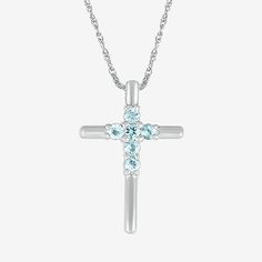 Features: Religious JewelryJewelry Closure: Spring Ring ClaspLink Construction: SolidSetting: ProngShape: CrossStone Cut: RoundStone Millimeter Measurement: 2 Mm Width, 2 Mm LengthMetal Color: WhiteChain Length: 18 InchChain Width: .7 MillimetersPendant Length: 20.7mmPendant Width: 14mmChain Construction: RopeCare: Wipe CleanStone Type: 6 Genuine AquamarineAuthenticity: Genuine StoneBirthstone: March BirthstoneMetal: Sterling SilverNecklace Type: Pendant NecklacesCountry of Origin: Imported Sterling Silver Cross Necklace With Birthstone, Blue Cross Pendant Necklace For Anniversary, Fine Jewelry Cross Pendant Necklace With Gemstone, Gemstone Cross Pendant Necklace For Anniversary, Fine Jewelry Gemstone Cross Pendant Necklace, Silver Cross Pendant Necklace With Birthstone, Blue Gemstone Cross-shaped Jewelry, Blue Cross Jewelry For Anniversary, Fine Jewelry Cross Gemstone Necklace