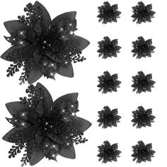 black and white photograph of flowers with sparkles in the center, set against a white background