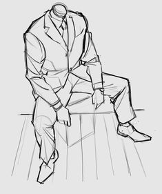 a black and white drawing of a man in a suit sitting on a bench with his legs crossed