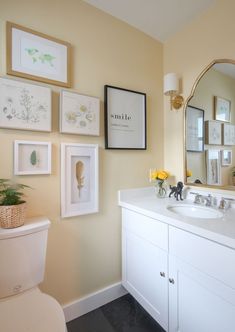 a white toilet sitting under a bathroom mirror next to a wall with pictures on it