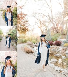 a woman in graduation gown and cap posing for pictures