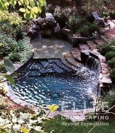 an outdoor swimming pool surrounded by plants and rocks, with a waterfall in the middle