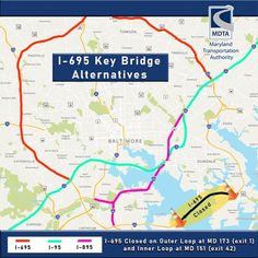 a map showing the route for i - 695 key bridge alternatives