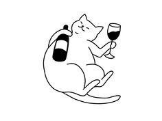 a black and white drawing of a cat with a glass of wine in its paws