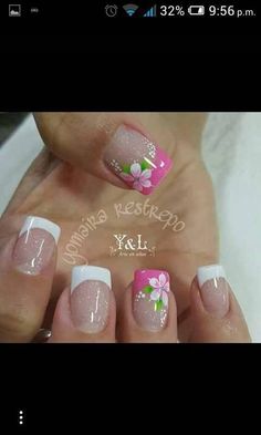 Spring French Manicure, Wild Flower Nails, Colored French Nails, French Manicure Nail Designs, Fingernail Designs, Ideas Nails, Pretty Nail Art