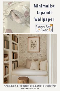 an advertisement for a wallpaper store with bookshelves in the background and a white couch