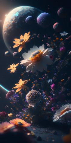 an image of flowers and planets in the sky