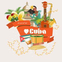 the emblem for cuba with an image of a guitar, music instruments and other items