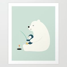 a polar bear fishing with a penguin on it's back and another fish in its mouth