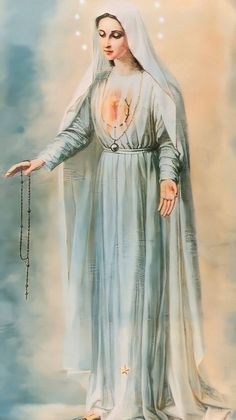 a painting of a woman in white dress holding a rosary and wearing a long veil