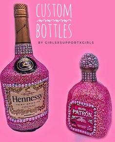 two bottles with pink glitter on them and the words hennesy written in gold