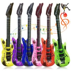 colorful electric guitars with musical notes in the background