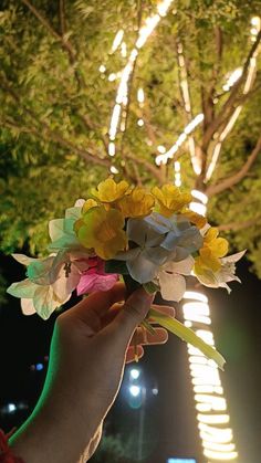 a hand holding a bunch of flowers in front of a tree with lights behind it