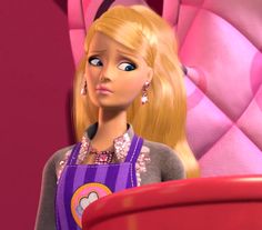 a barbie doll with blonde hair and blue eyes wearing a purple dress standing in front of a pink wall