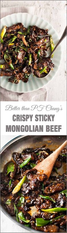 the recipe for crispy sticky mongolian beef is shown in two different dishes