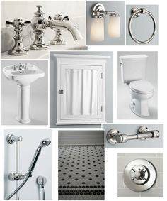 a collage of different bathroom fixtures including toilet, sink, and shower faucet