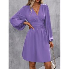 -Item Id 43276172 -Details: Ruched -Neckline: V Neck -Sleeve Type: Bishop Sleeve -Style: Elegant -Type: A Line -Waist Line: High Waist -Hem Shaped: Flared -Color: Purple -Pattern Type: Plain -Sleeve Length: Long Sleeve -Length: Short -Fit Type: Regular Fit -Fabric: Non-Stretch -Material: Woven Fabric -Composition: 100% Polyester -Care Instructions: Machine Wash Or Professional Dry Clean -Sheer: Semi-Sheer **Open To Offers!!!** **Bundle To Save More** **30% Off Bundles Of 2 Or More Items!!** ***O Solid Color Surplice Neckline Dress For Brunch, Flowy Pleated V-neck Mini Dress, Purple V-neck Lined Dress, Spring Mini Dress With Solid Color And Surplice Neckline, Fall V-neck Lined Mini Dress, Purple Surplice Neckline Dress For Spring, Purple Pattern, Bishop Sleeve, Colour List