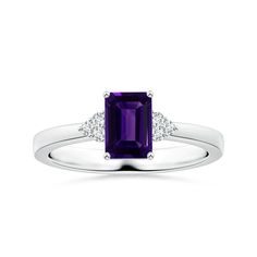 GIA Certified Emerald-Cut Amethyst Ring with Reverse Tapered Shank Amethyst Ring, Emerald Cut, Sapphire Ring, Platinum, Emerald, Sapphire, Amethyst, White Gold, Engagement Rings