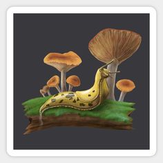 a yellow slug crawling on top of a green moss covered ground with mushrooms in the background