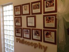 there are many pictures on the wall with words and frames above them that say photography