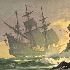 a painting of a pirate ship in rough seas