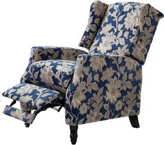 a blue and white floral print recliner chair with footstool next to it