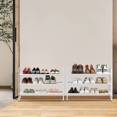 there are many pairs of shoes on the shelves next to each other in this room