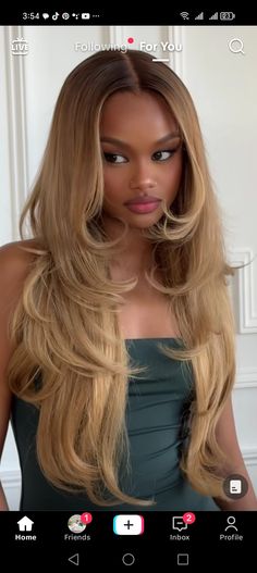 Blonde Layers Black Women, Honey Blonde With Curtain Bangs, Layered Wigs Black Women, Curly Blonde Sew In, Curtain Bangs Long Hair Layers Wig, Middle Bangs With Layers, Wigs For Black Women Layered, Layer Wigs For Black Women, Layers Wig Install