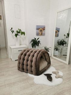 a dog bed sitting on top of a white rug in a living room next to a mirror