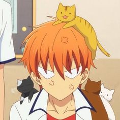 an anime character with orange hair and cats on his head, looking at the camera