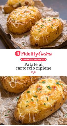 baked potatoes with cheese and parmesan on top are shown in two different pictures