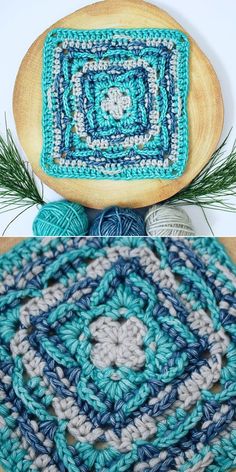 crocheted dishcloths are arranged on top of a wooden platter with pine needles