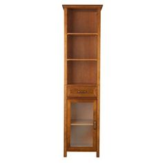 a tall wooden cabinet with glass doors on the front and bottom shelves, against a white background