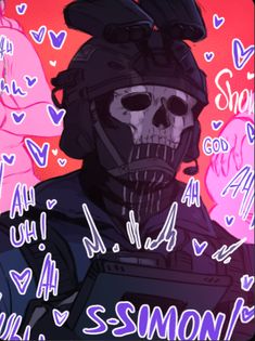 a skull wearing a helmet and holding a knife in front of pink background with hearts